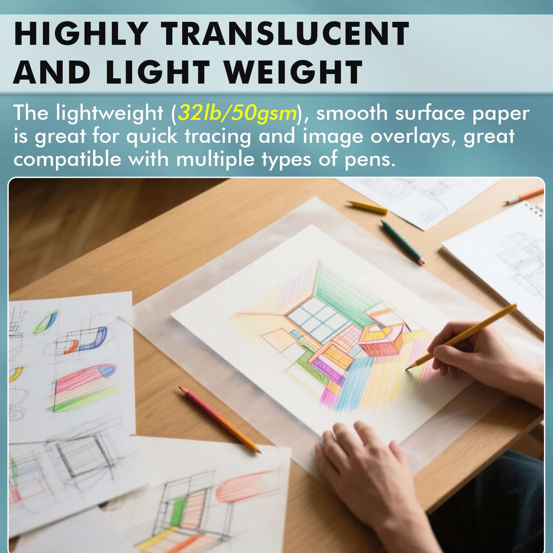 Artist’s Tracing Paper Pad Roll 12 Inches x 50 Yards 32lb/50gsm - Image 3