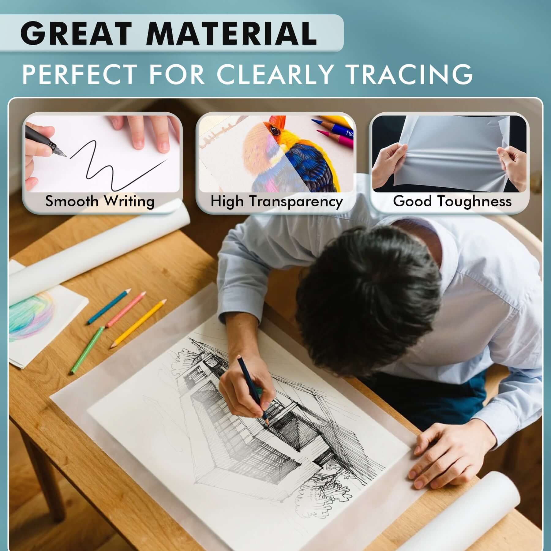 Artist’s Tracing Paper Pad Roll 12 Inches x 50 Yards 32lb/50gsm - Image 4